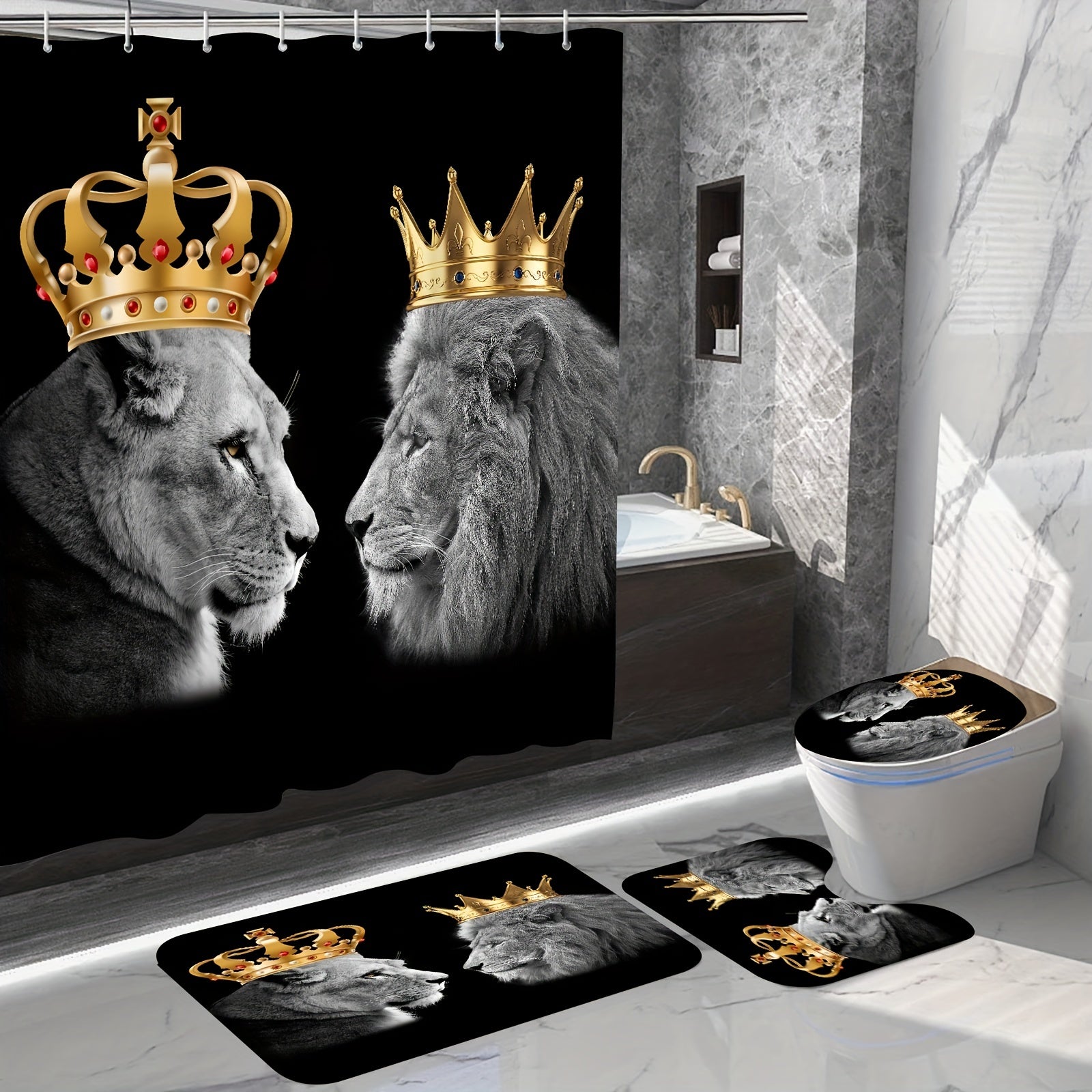 4pcs Lion Couple Bathroom Set Waterproof Shower Curtain With 12 Hooks