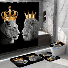 4pcs Lion Couple Bathroom Set Waterproof Shower Curtain With 12 Hooks