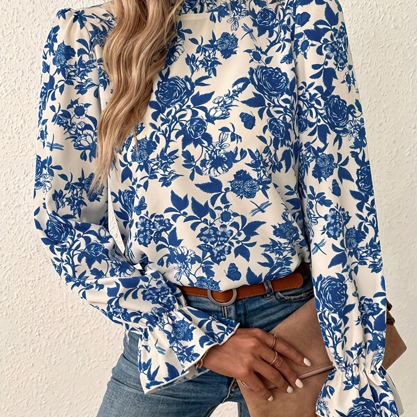  Floral Print Ruffle Sleeve Mock Neck Blouse