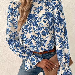  Floral Print Ruffle Sleeve Mock Neck Blouse