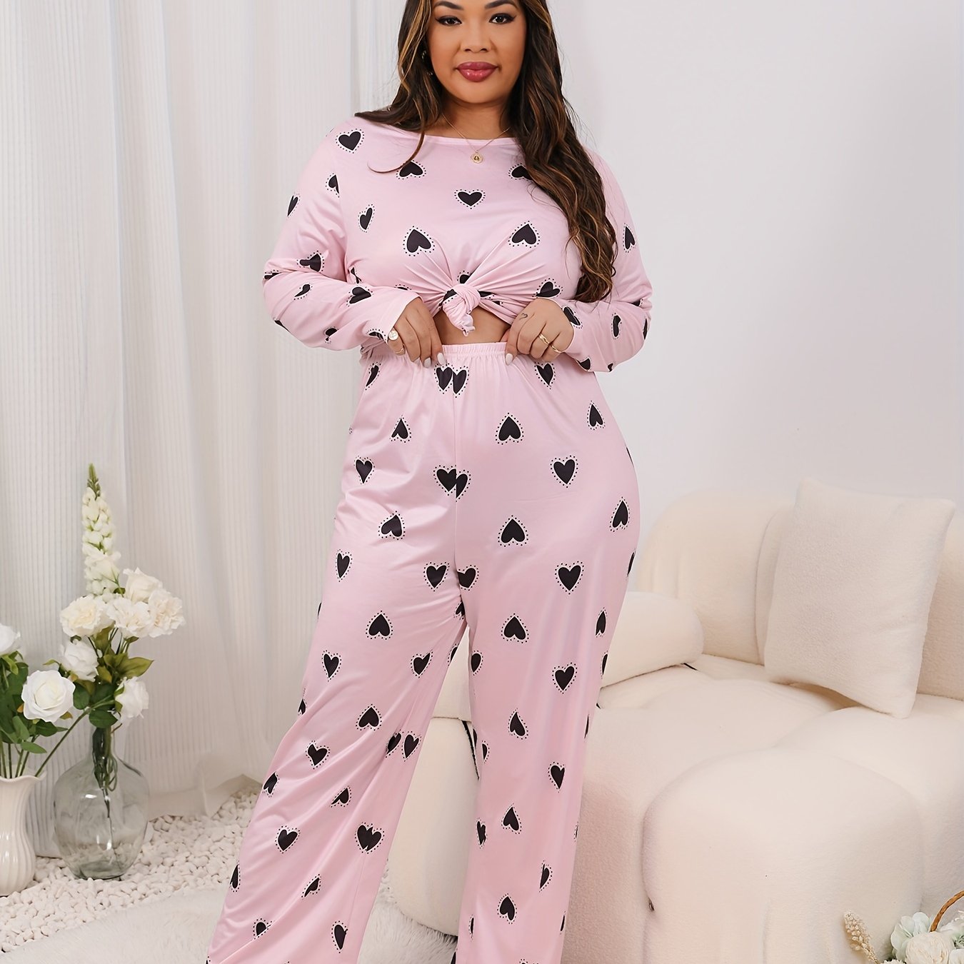  Heart Print Pajama Set - Long Sleeve Tee & Pants