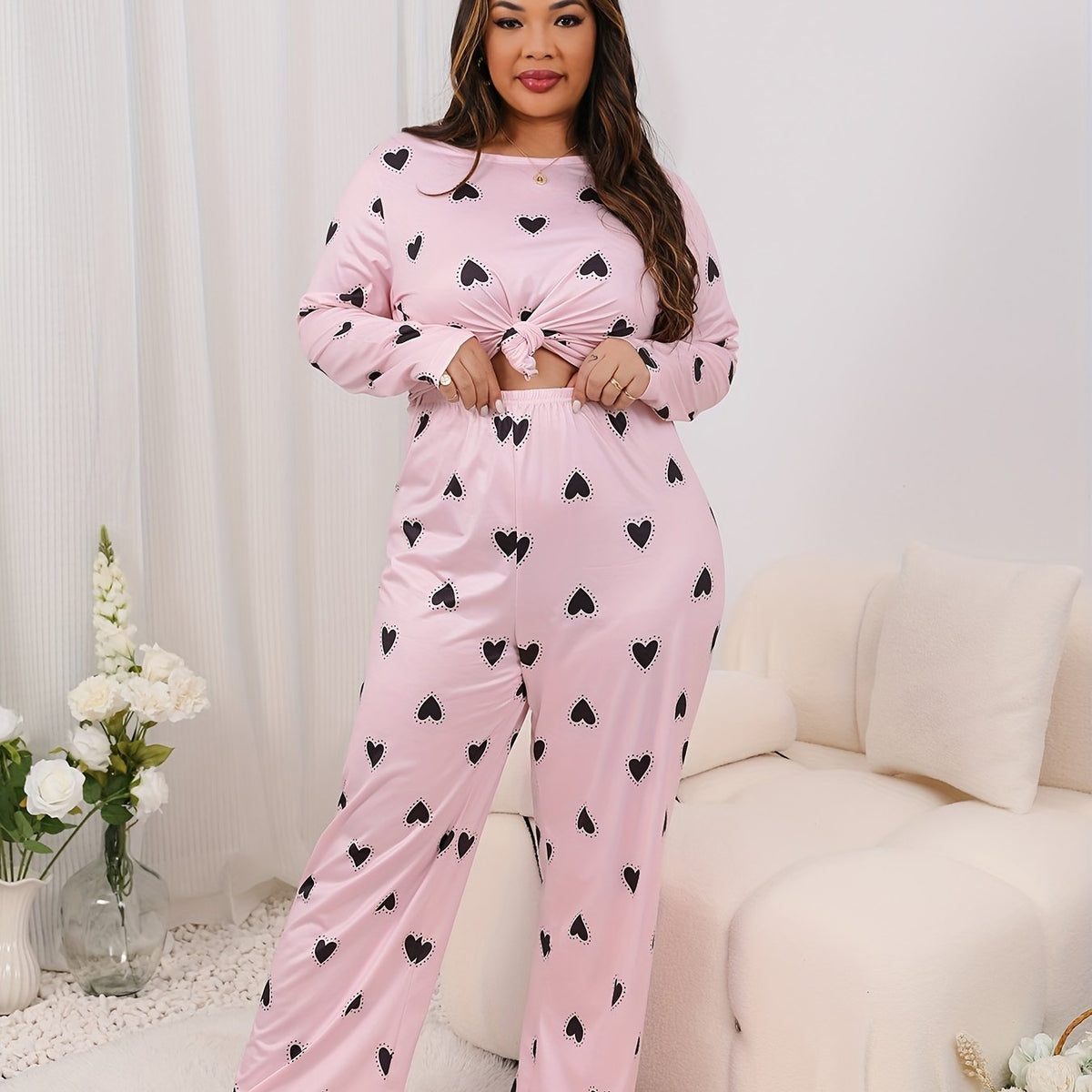  Heart Print Pajama Set - Long Sleeve Tee & Pants
