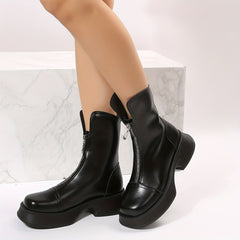 Square Toe Platform Ankle Boots Chunky Heeled Front Zip Combat Shoes