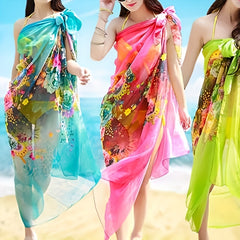 Boho Flower Print Scarf Oversized Thin Shawl Silk Head Wrap