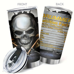 20oz Skull Drummer Tumbler Insulated Coffee Mug with Nutrition Facts Label