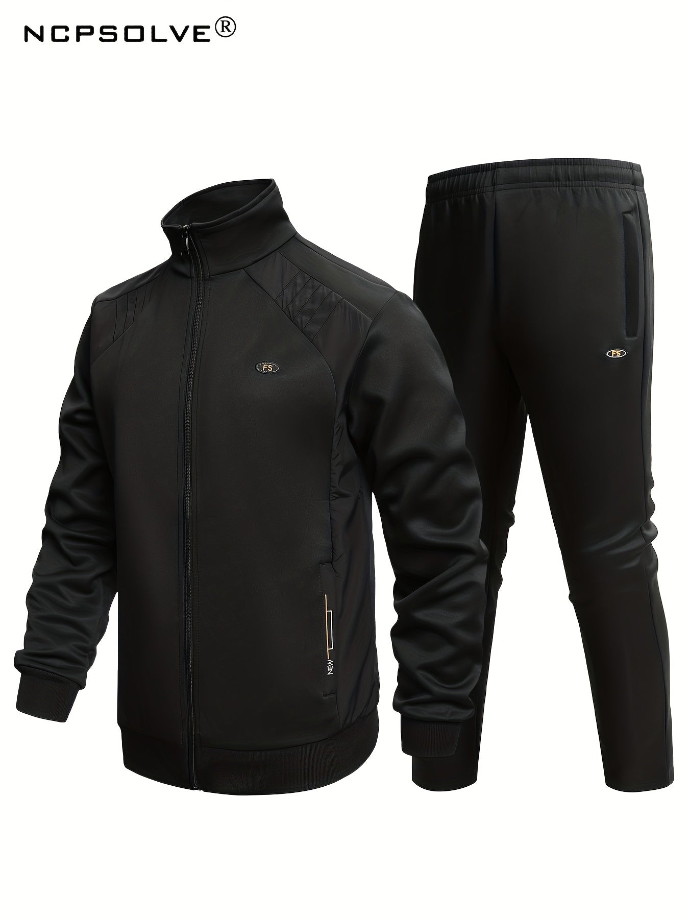 Men's Sports Suit Solid Block Stand Collar Zip Up Jacket & Stretch Waist Pants