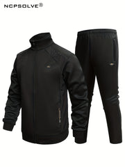 Men's Sports Suit Solid Block Stand Collar Zip Up Jacket & Stretch Waist Pants