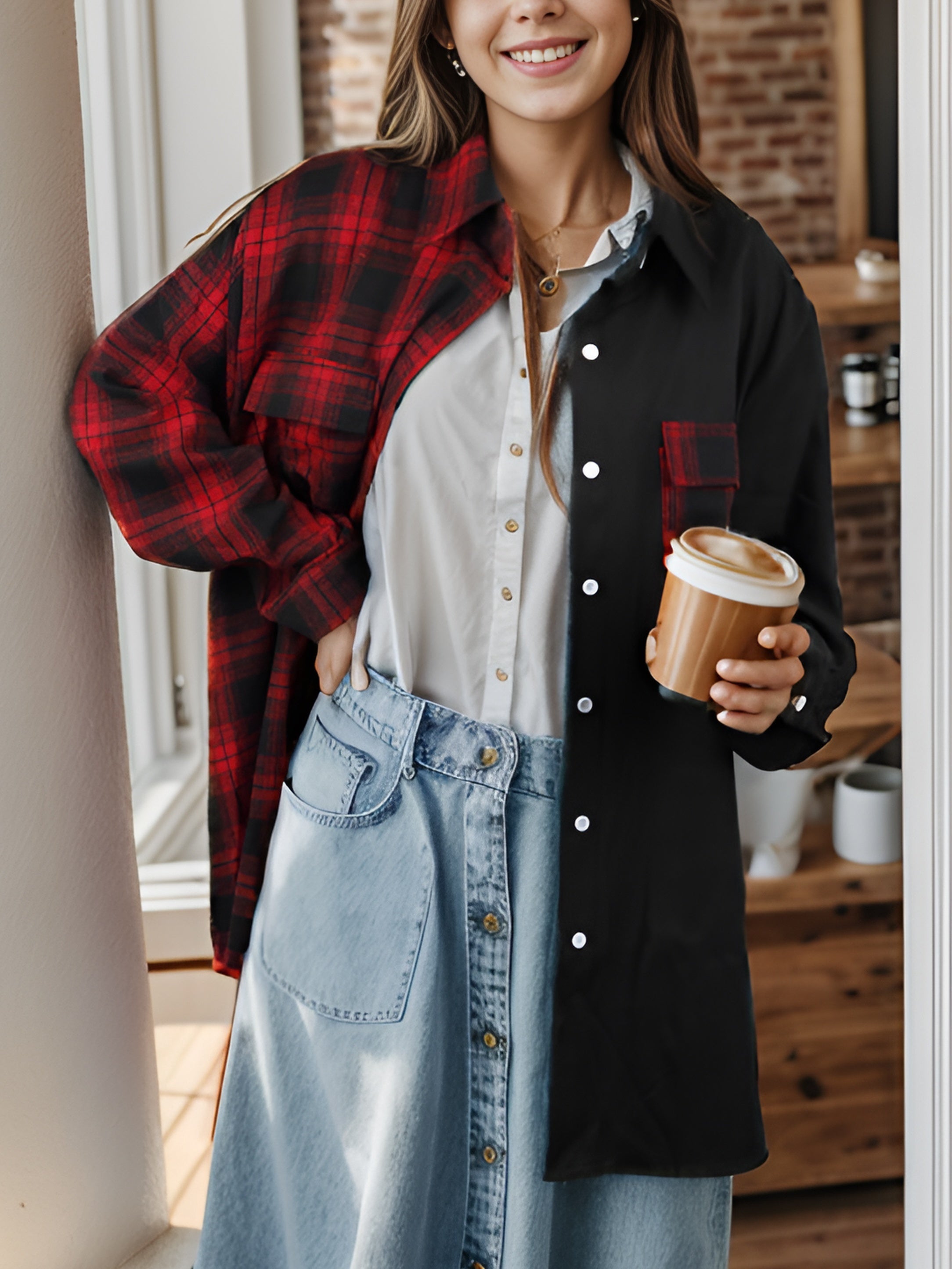  Colorblock Plaid Print Button Up Long Sleeve Blouse