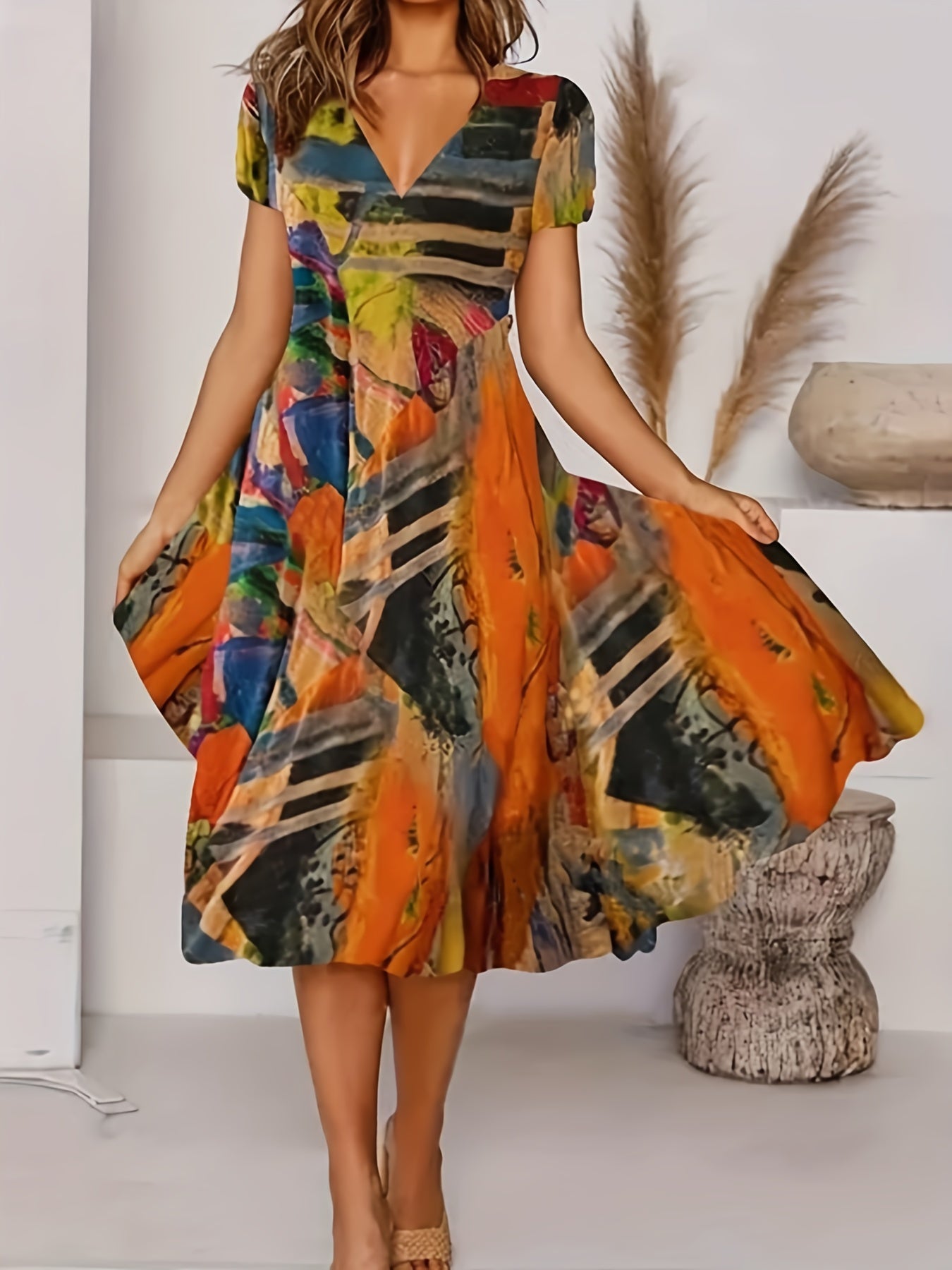  Casual Dress Women's Plus Painting Print Short Sleeve V Neck