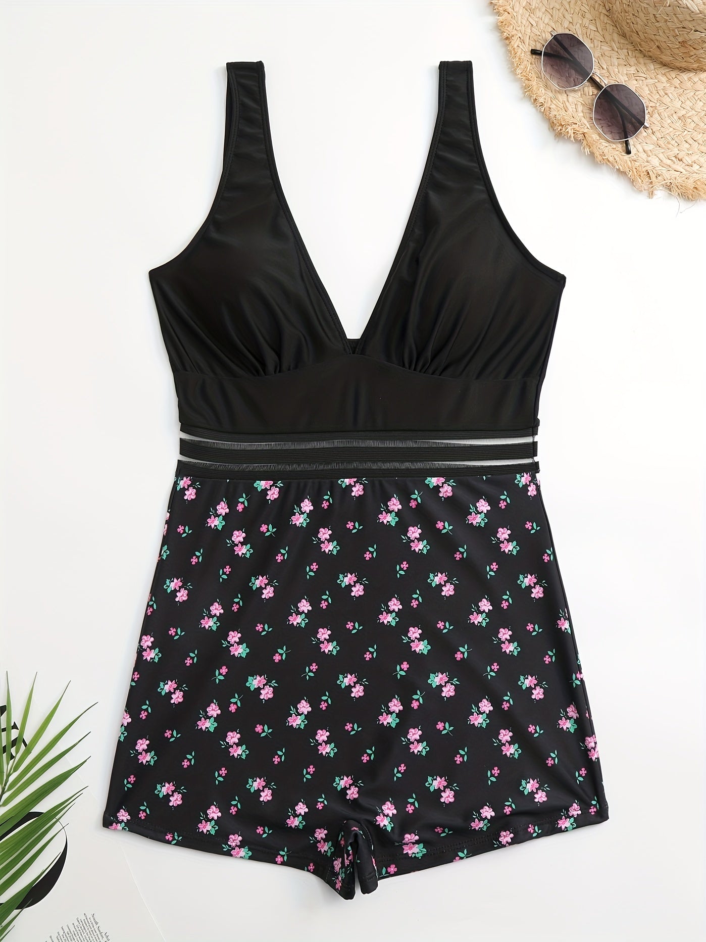  Ditsy Floral Mesh V Neck One Piece Swimsuit