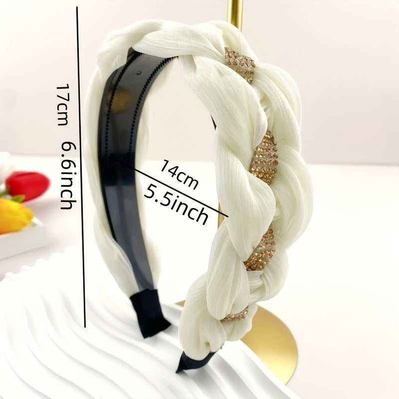 Braided Organza Headband Rhinestone Wide Headdress Hair Band