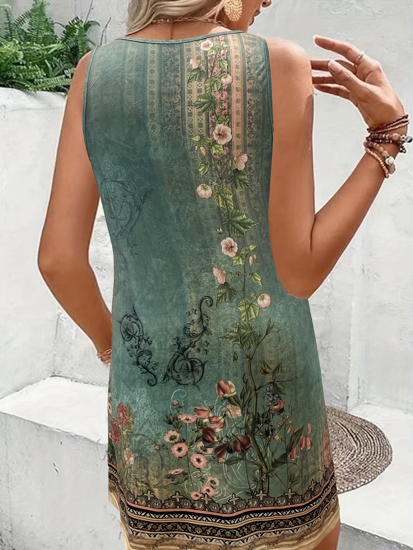  Casual Tank Dress Women's Plus Floral Print Notched Neck Dress