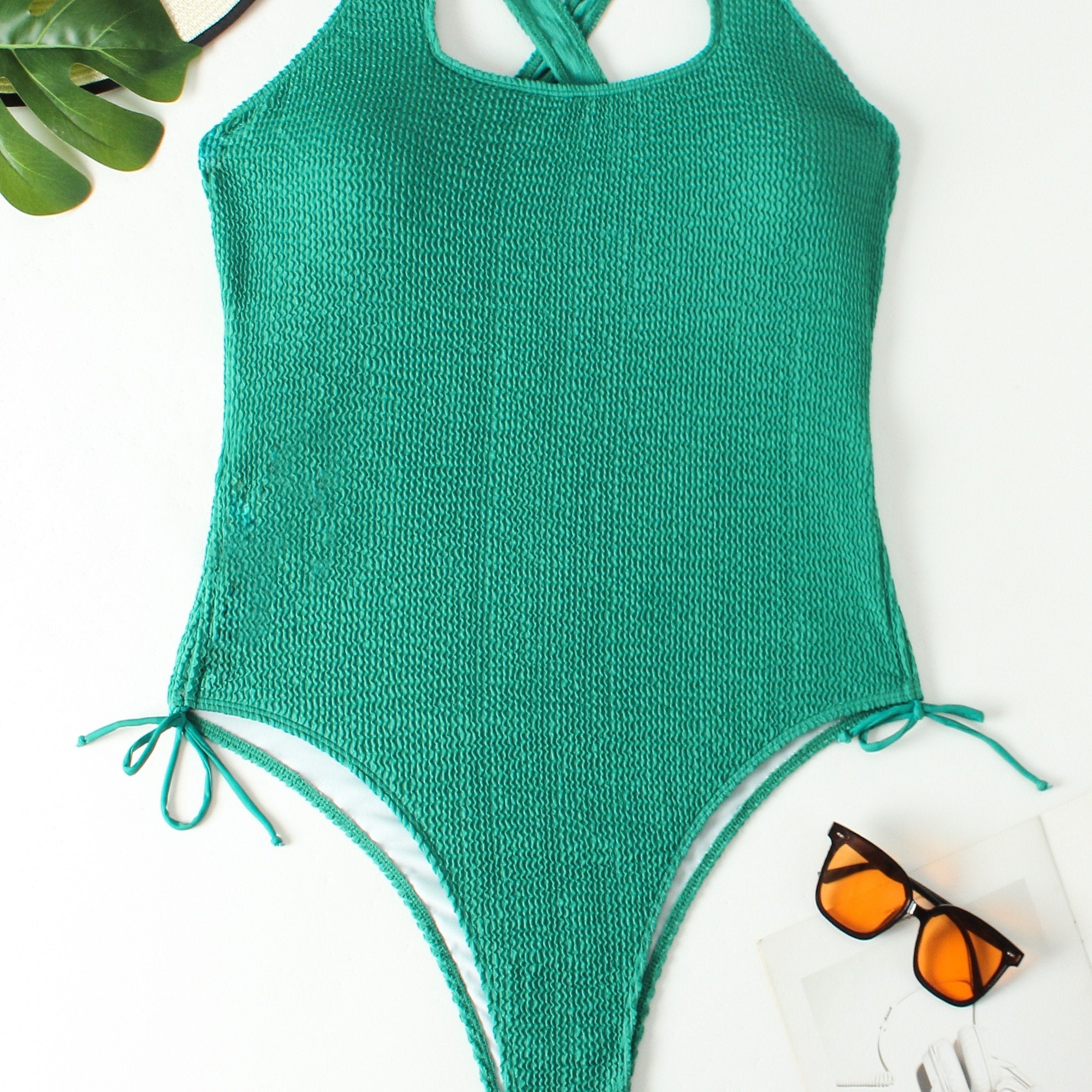  Sexy Swimsuit Solid Crisscross Back One Piece Bathing Suit