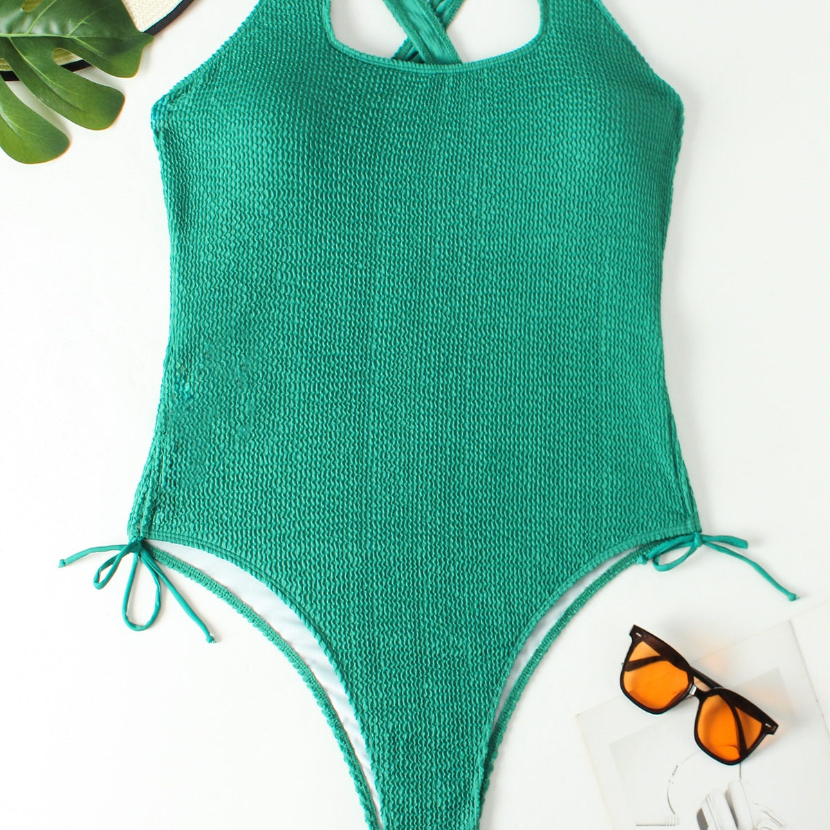  Sexy Swimsuit Solid Crisscross Back One Piece Bathing Suit