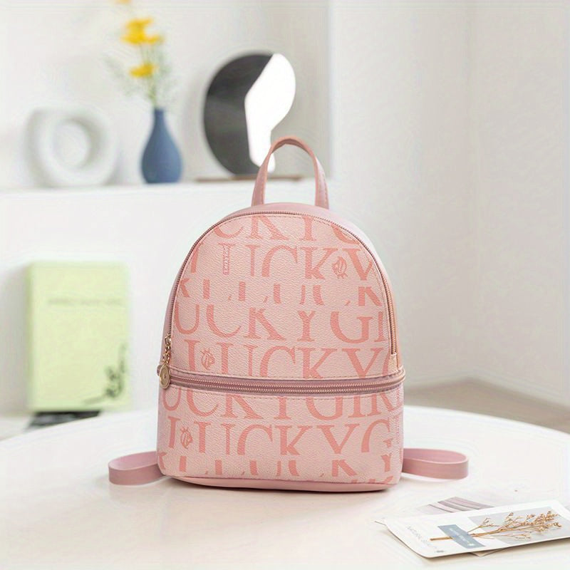 Mini Letter Graphic Backpack Faux Leather Daypack Women's Travel School Bag