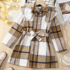 Girls Plaid Pea Coat Round Collar Double Breasted Overcoat