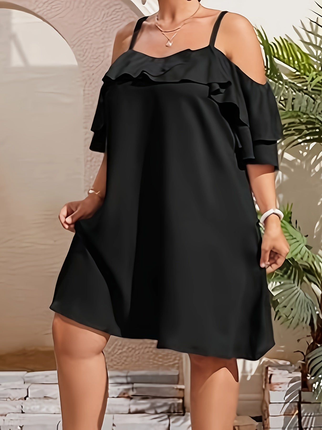  Solid Ruffle Trim Cold Shoulder Dress