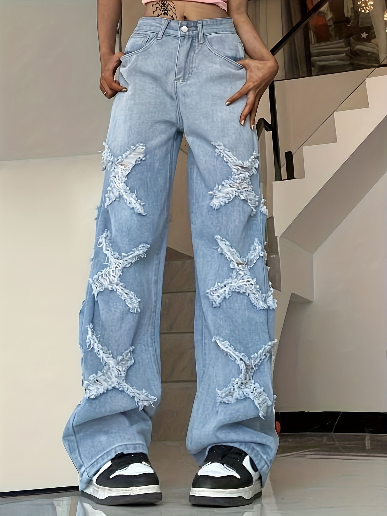 High Rise Distressed Wide Leg Jeans for Women