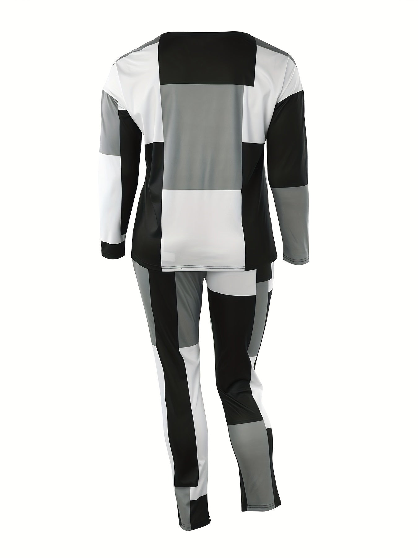  Colorblock Long Sleeve Tops & Pants Set Women's Plus Casual 2pcs Set