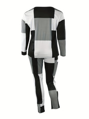  Colorblock Long Sleeve Tops & Pants Set Women's Plus Casual 2pcs Set
