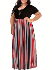  Colorblock Stripe Print Short Sleeve Round Neck Maxi Dress