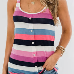  Colorful Strip Tank Top Round Neck Button Decor Slight Stretch