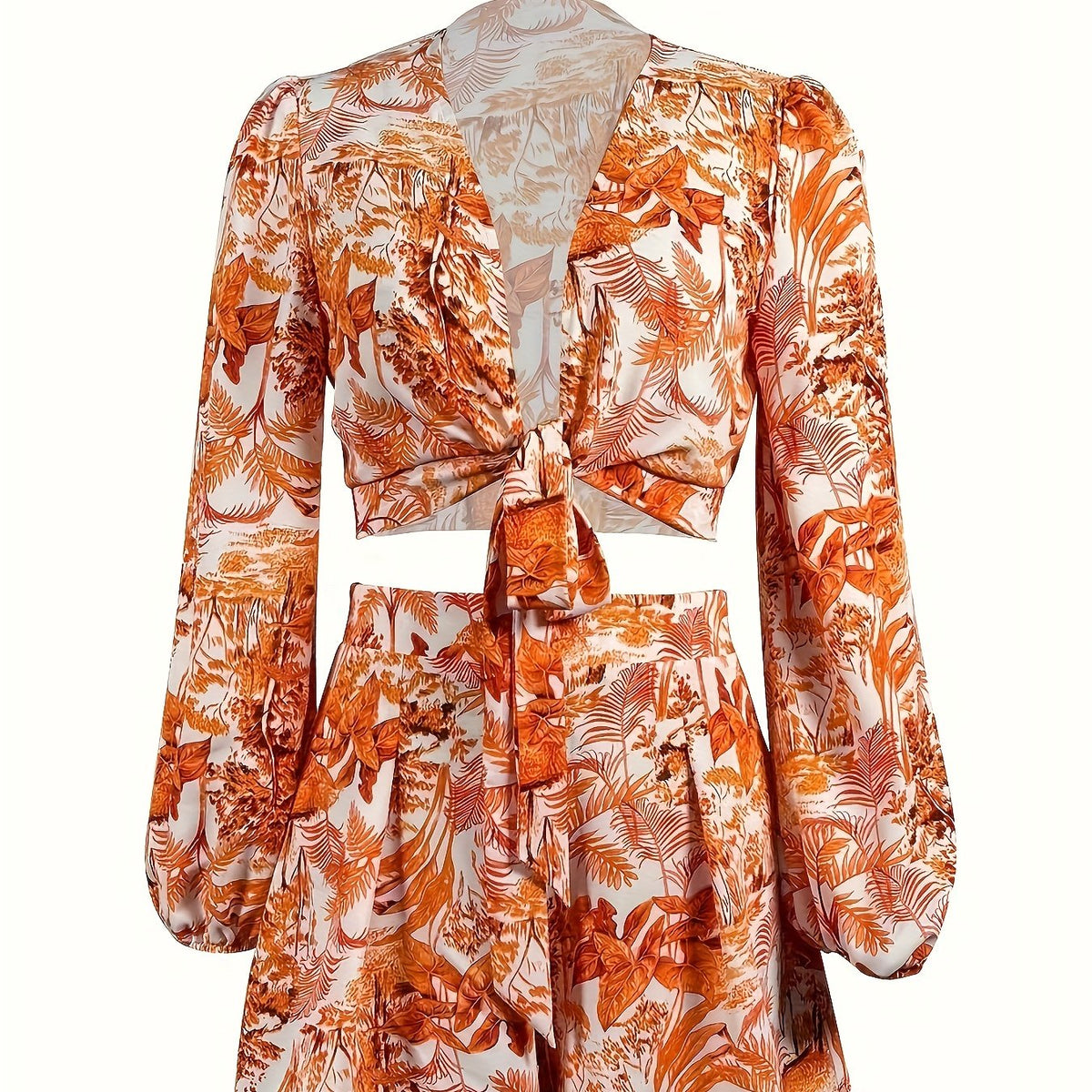 Leaves Print Two-piece Set Tie Front Crop Top & Shorts Outfit