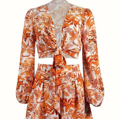 Leaves Print Two-piece Set Tie Front Crop Top & Shorts Outfit
