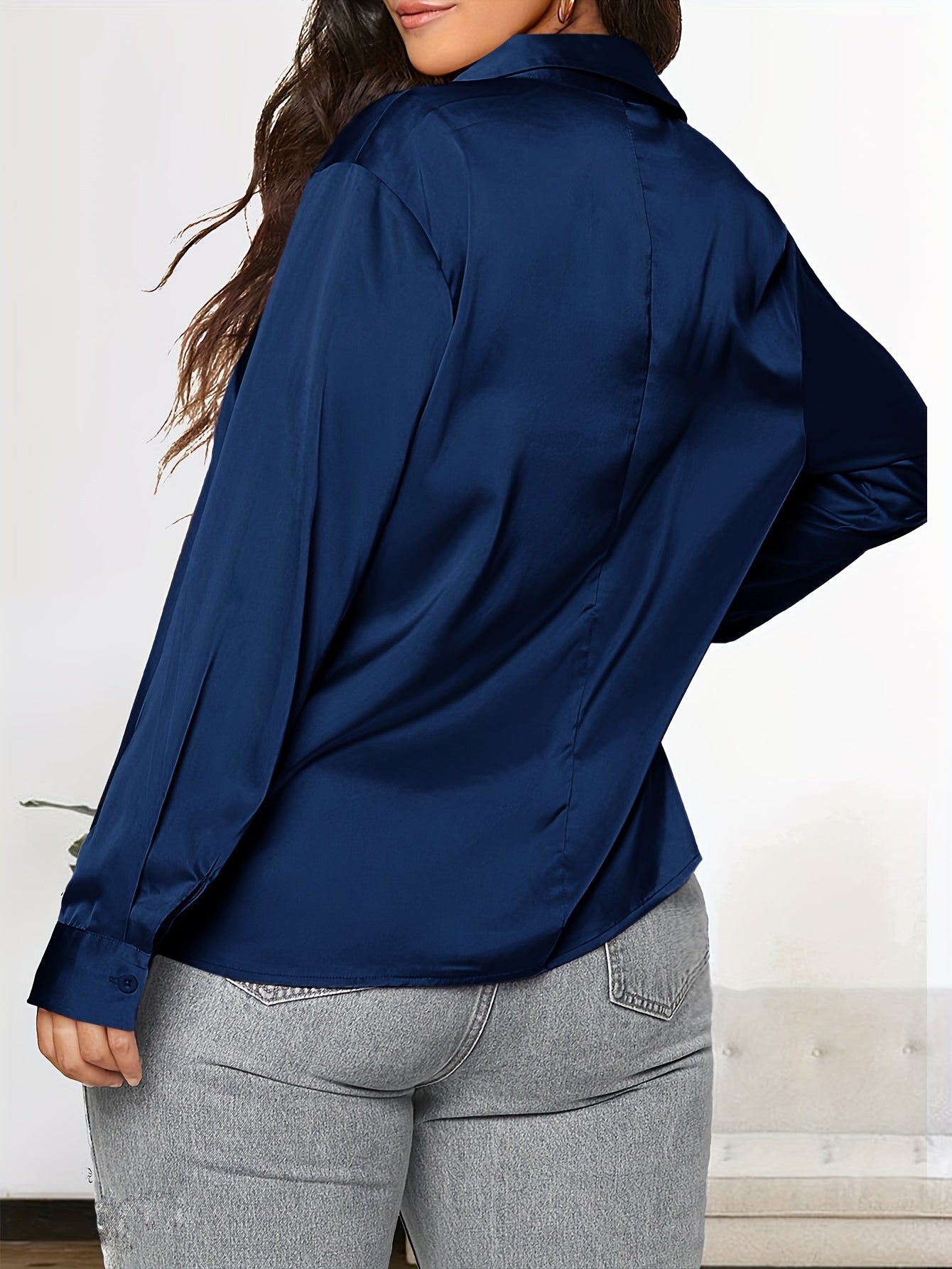  Solid Satin Long Sleeve Button Up Lapel Collar Shirt Top