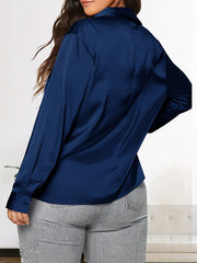  Solid Satin Long Sleeve Button Up Lapel Collar Shirt Top