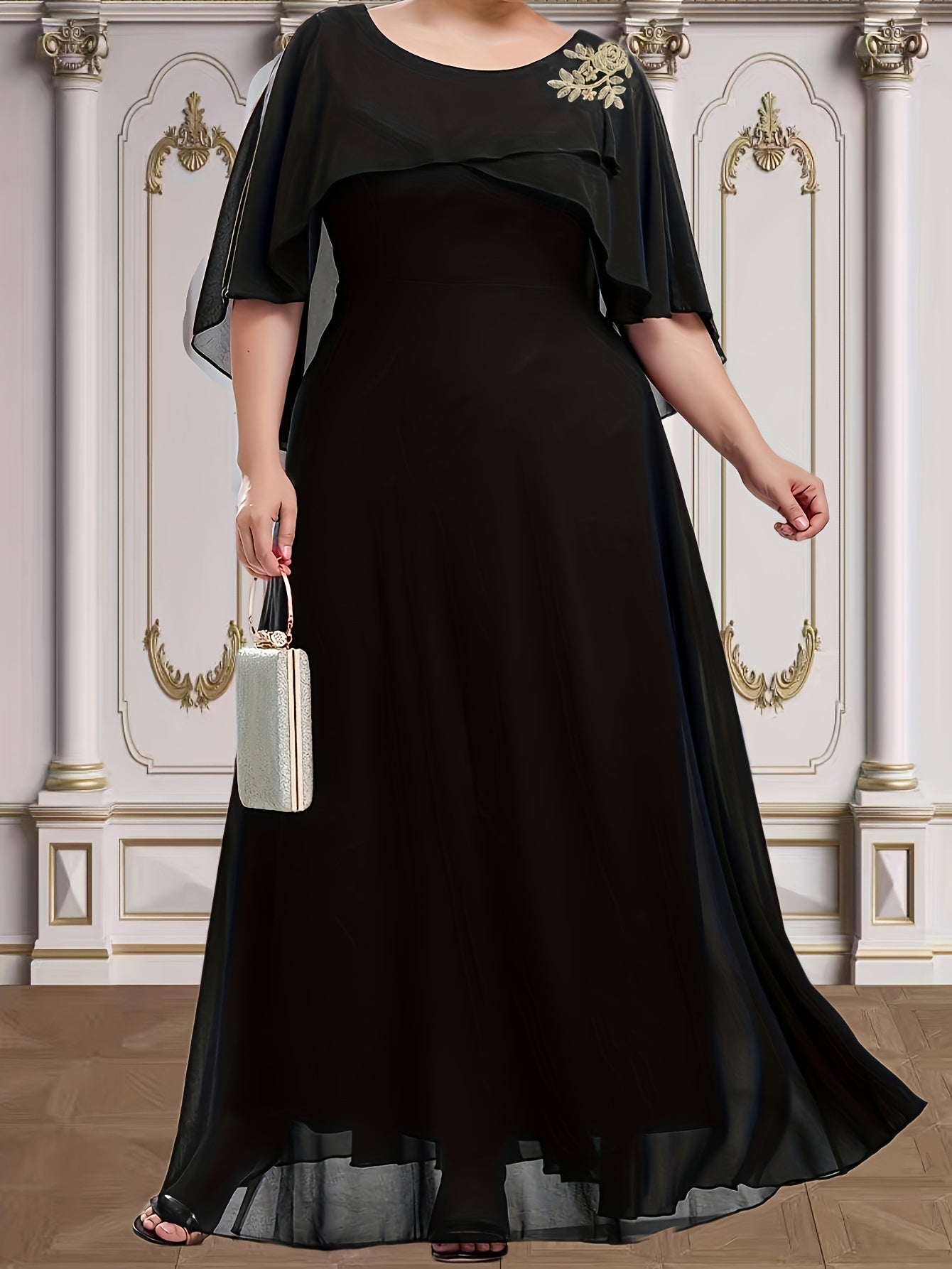  Floral Appliques Wrap Cape Sleeve Party Dress