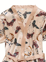  Satin Butterfly Print Long Sleeve Sleepwear Robe