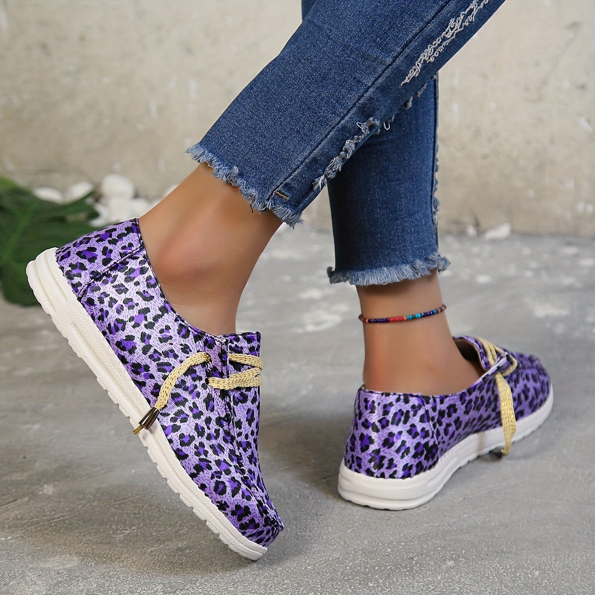 Purple Leopard Print Canvas Shoes Lightweight Lace Up Shoes