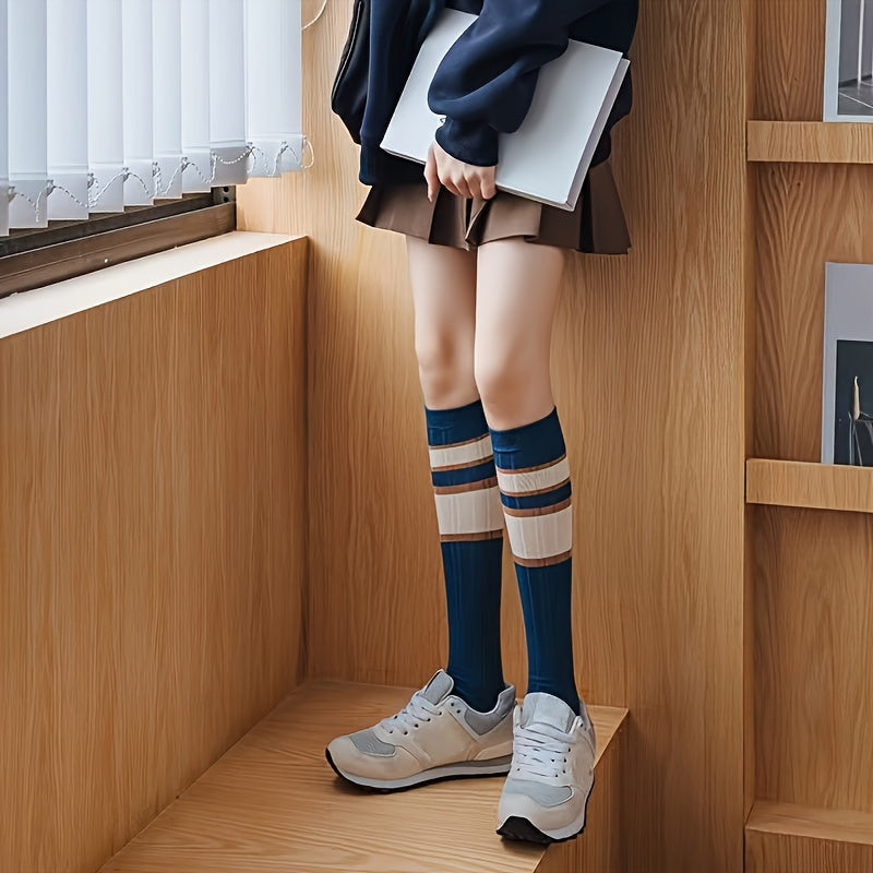 3 Pairs Striped Calf Socks Colorblock Knee High Stockings