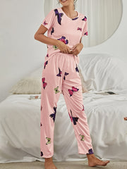 Butterfly Print Pajama Set Short Sleeve Top & Elastic Waistband Pants