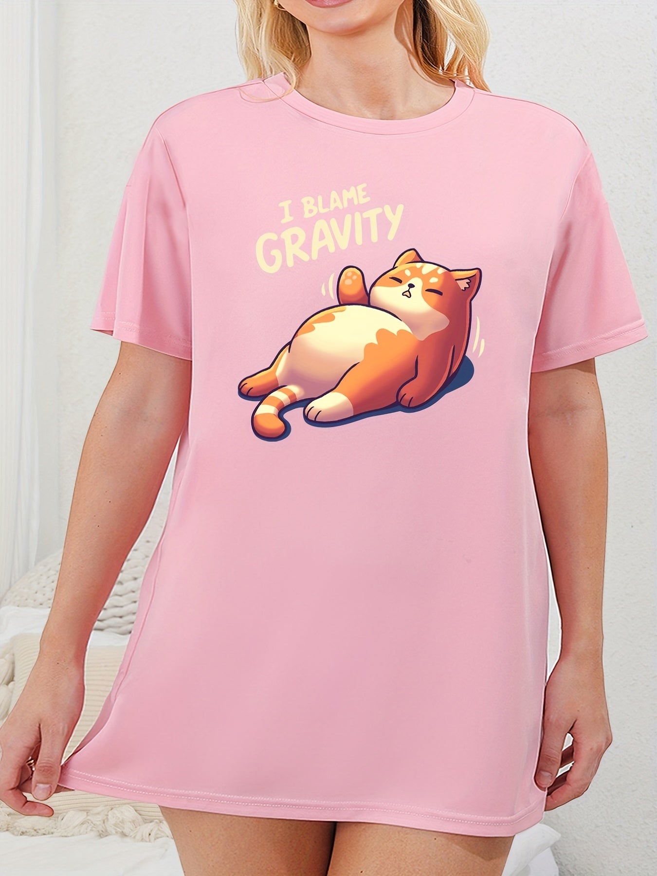  Cat Print Short Sleeve Tee Sleep Dress
