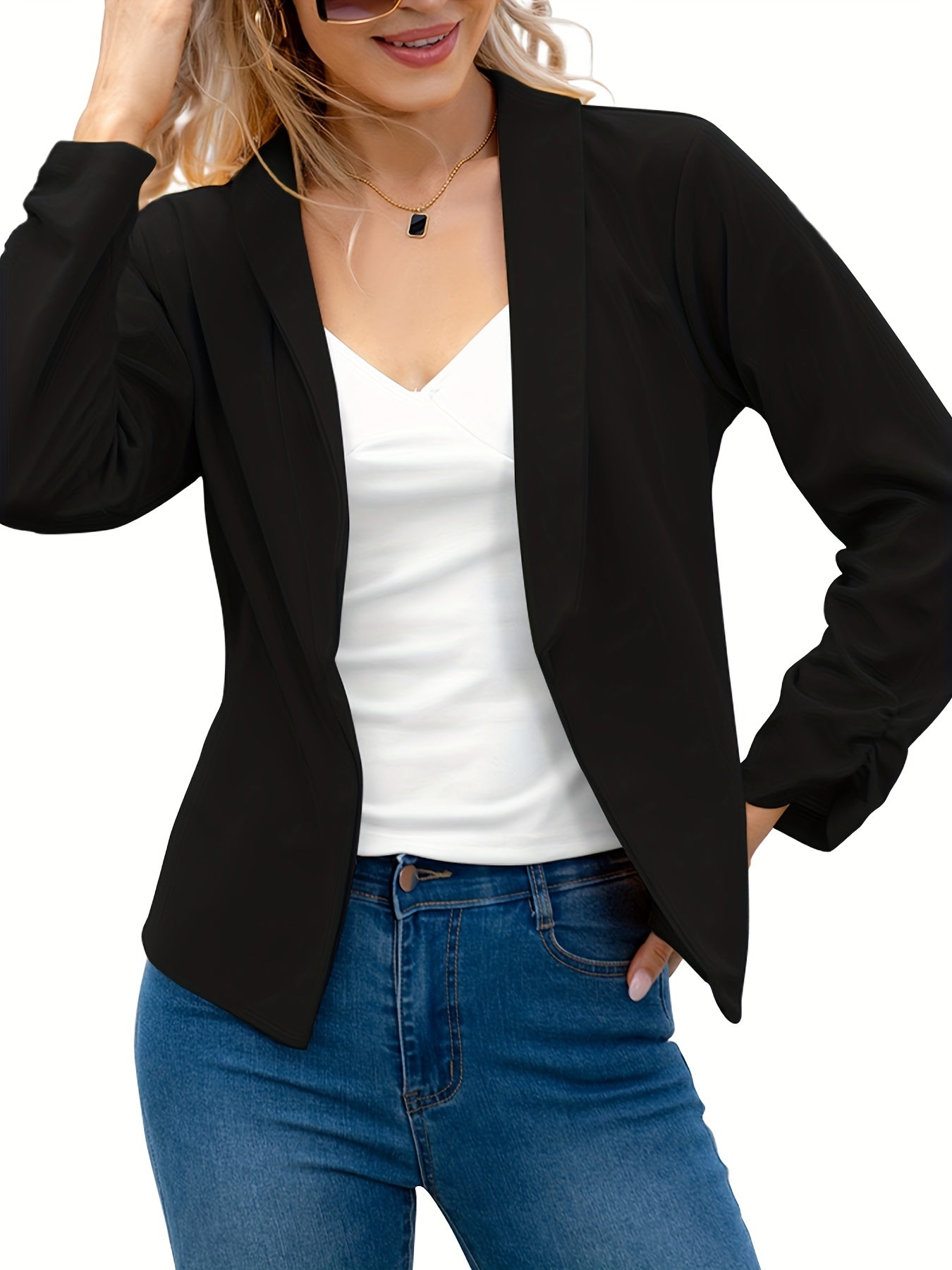 Long Sleeve Open Front Lapel Blazer & Stylish Tops For Office