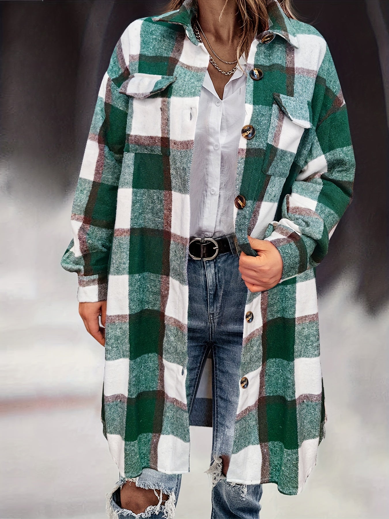  Plaid Print Button Up Long Sleeve Shirt Coat