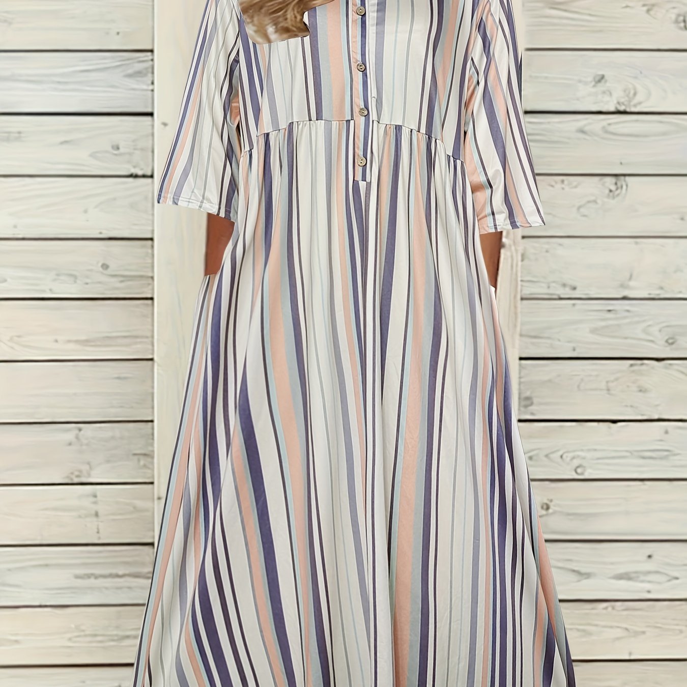  Stripe Print Ruched V Neck Short Sleeve Dress