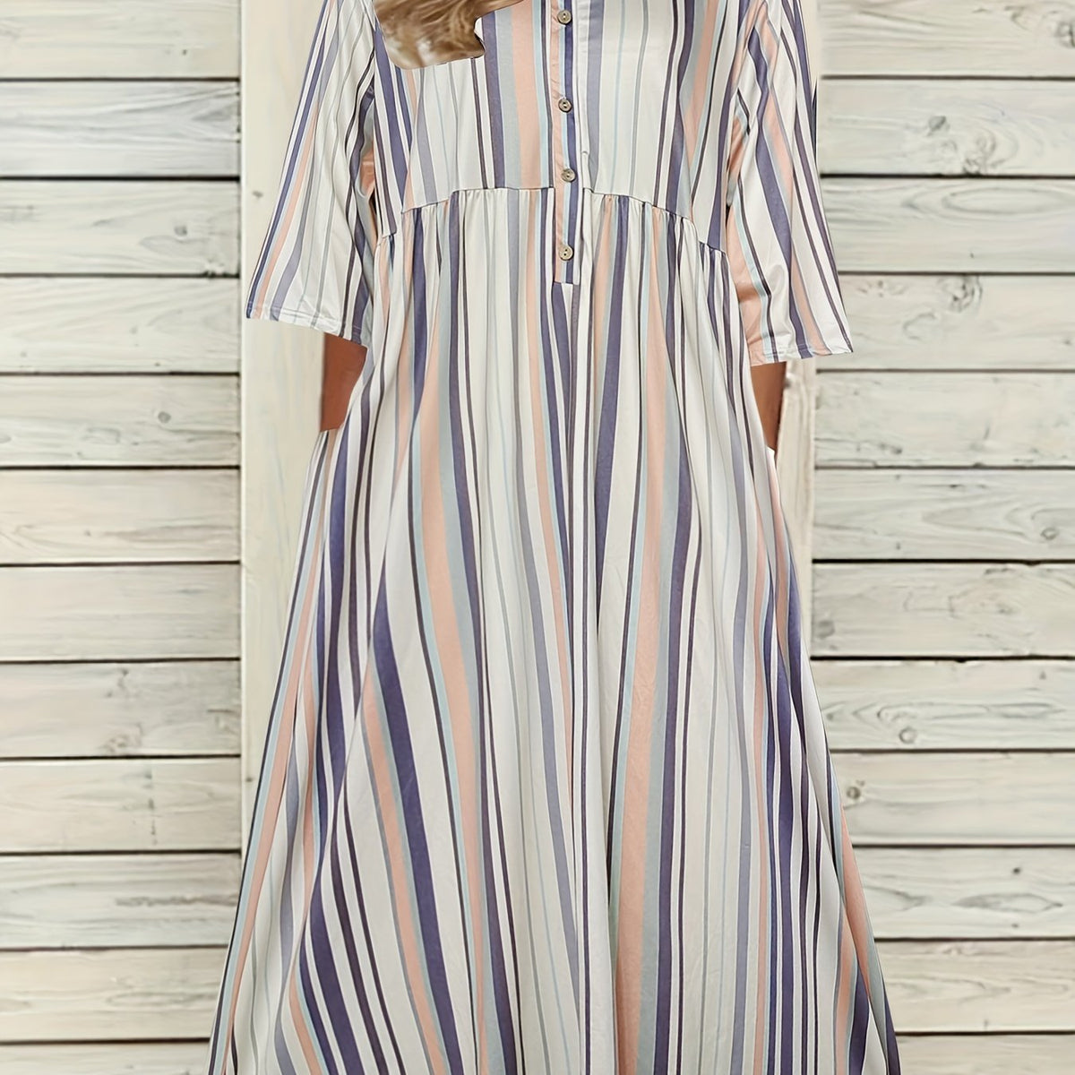  Stripe Print Ruched V Neck Short Sleeve Dress
