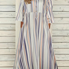  Stripe Print Ruched V Neck Short Sleeve Dress