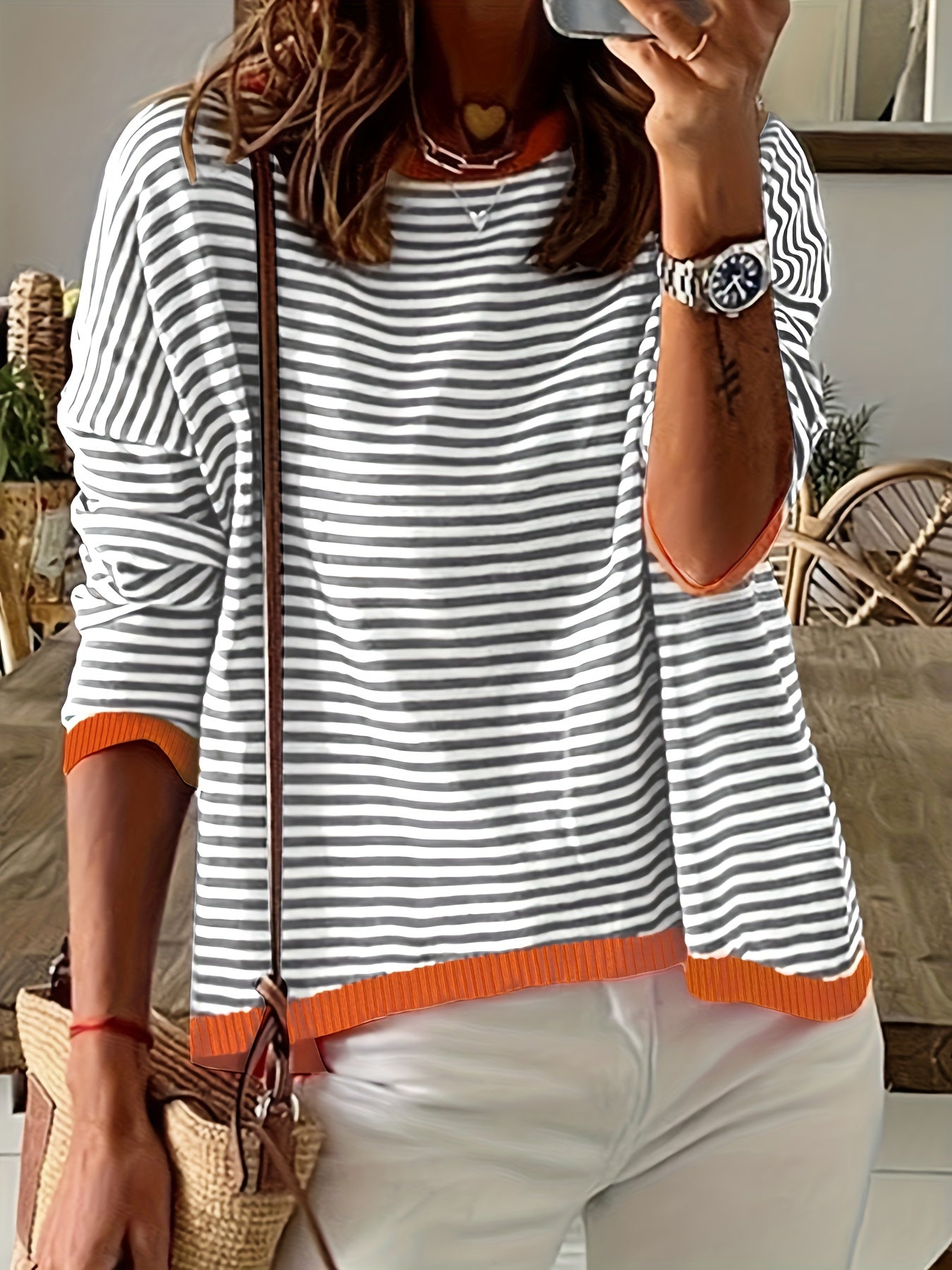  Colorblock Stripe Sweater Round Neck Jumper