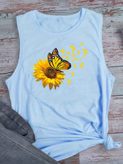 Sunflower & Butterfly Tank Top Sleeveless Crew Neck Casual Top