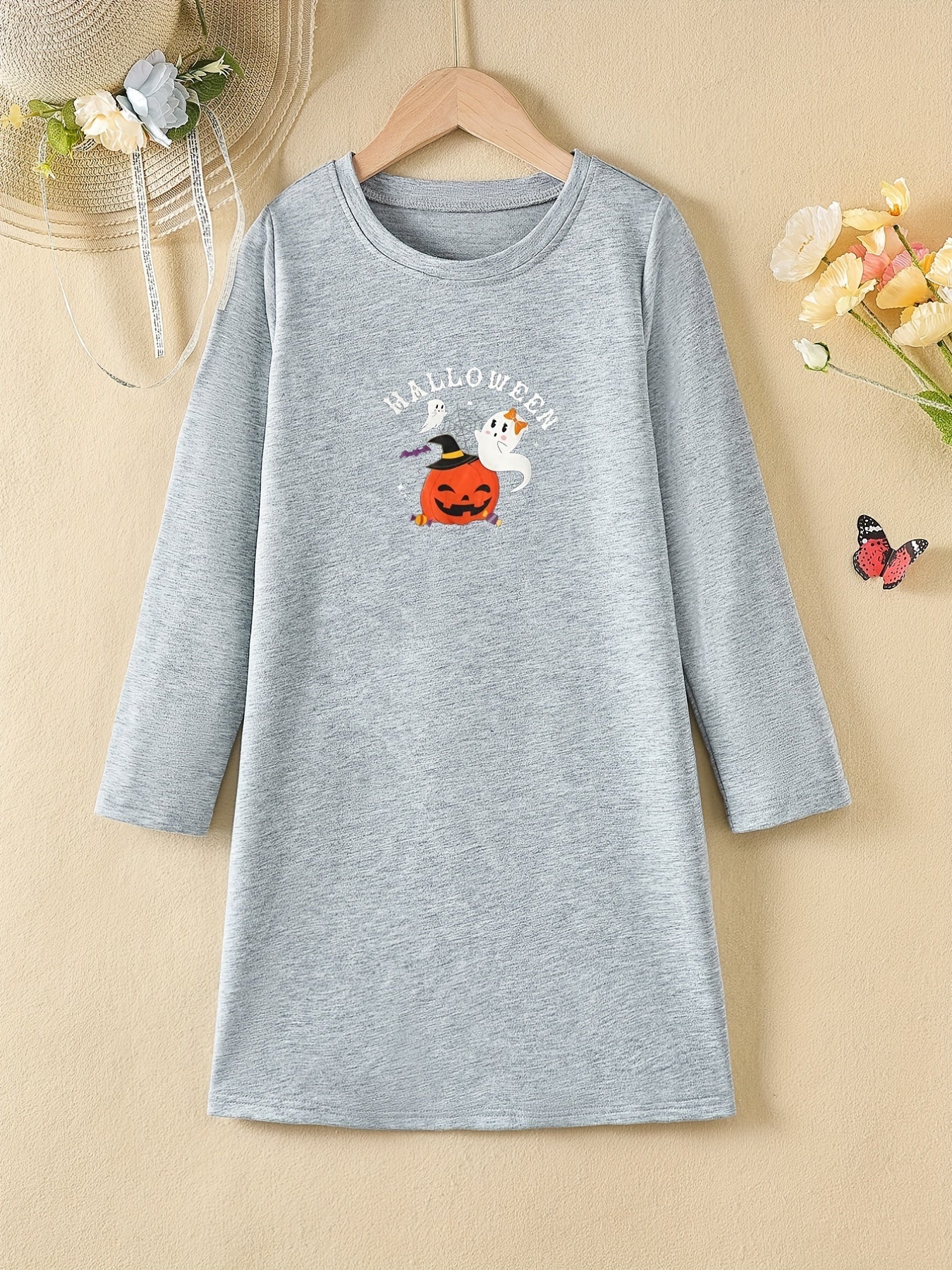 Girls' Halloween Pumpkin Print Long Sleeve A line Casual Dress