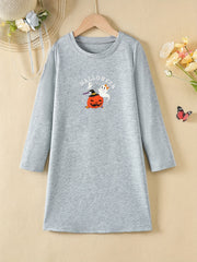 Girls' Halloween Pumpkin Print Long Sleeve A line Casual Dress