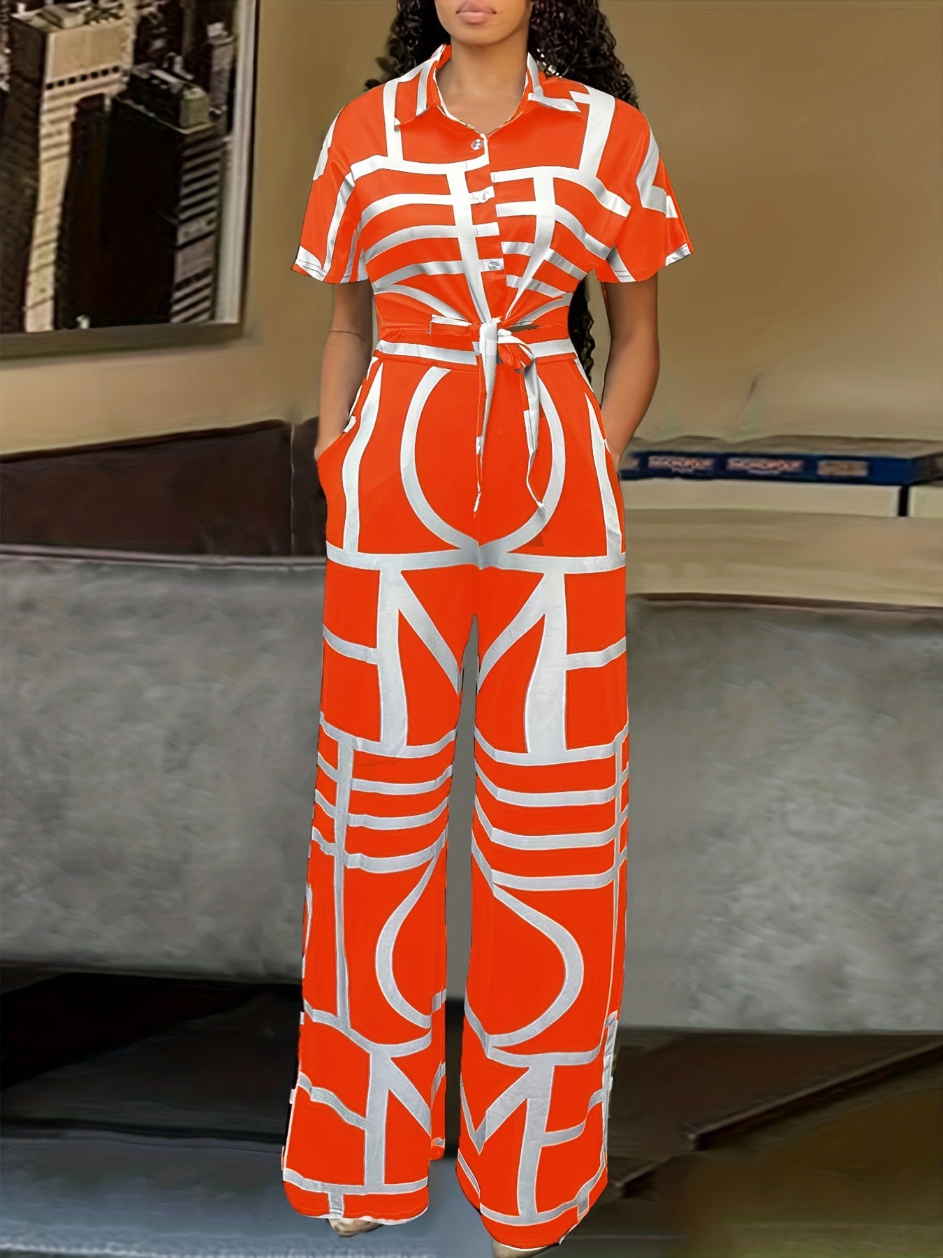 Geo Print 2pc Set Crop Shirt & Wide Leg Pants Outfit