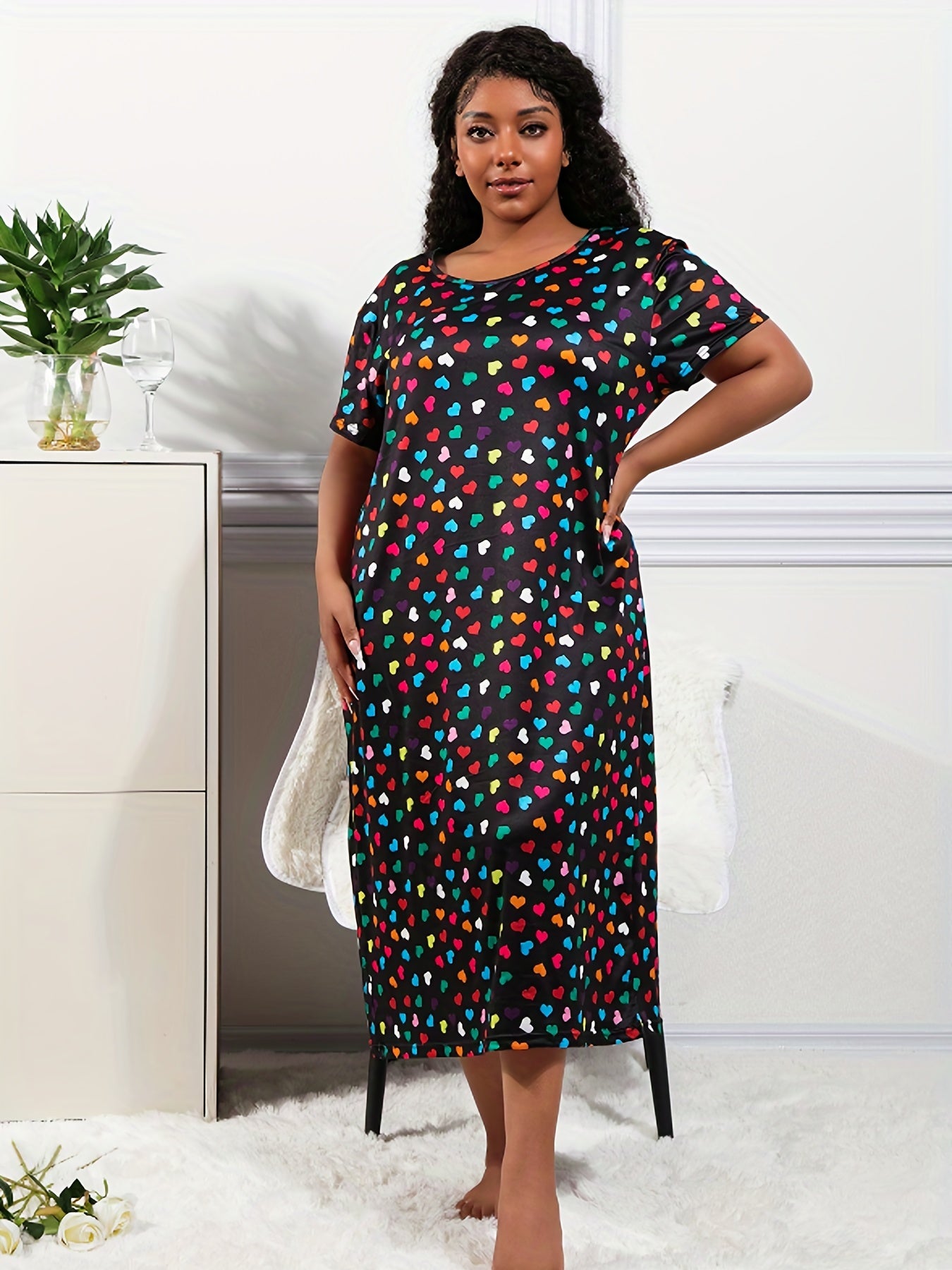  Colorful Heart Print Round Neck Stretch Nightdress