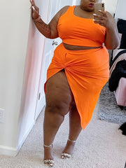  Solid Tank Crop Top & Draped Skirt Outfits Two Piece Set