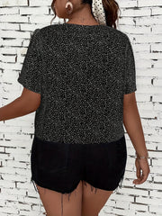  Dot Print Button Up Short Sleeve V Neck Top
