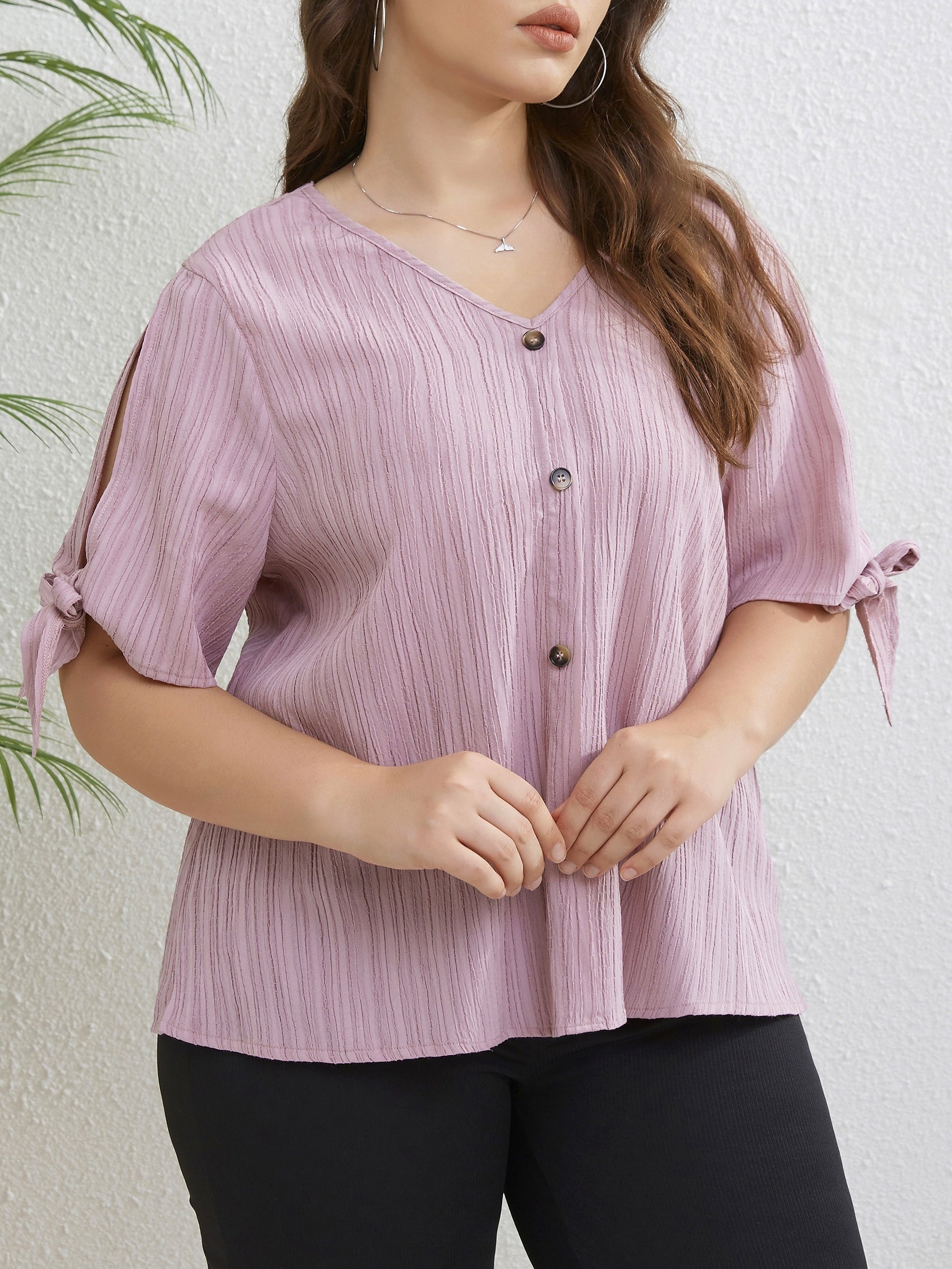  Casual Blouse Women's Plus Solid Button Decor Knot Split Sleeve